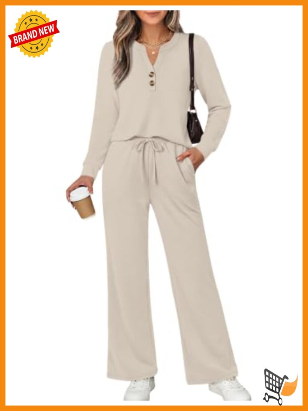 Womens Lounge Set Spacer Fabric V Neck Wide Leg Pants Matching